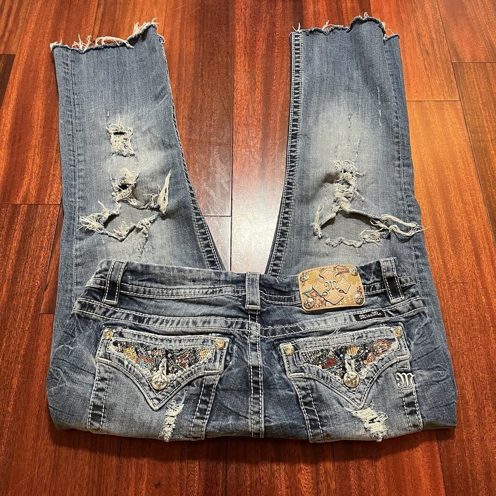 Miss Me Jeans Womens 32x24 Mid Rise Boot Cropped Distressed Rhinestones Street